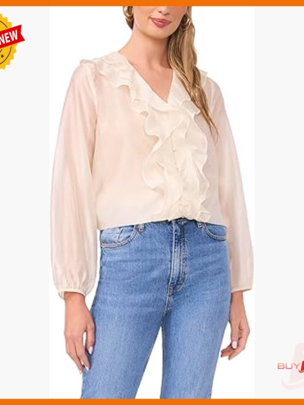 Tencel Ruffle Front Long Sleeve Blouse, Regular Fit, Square Neck